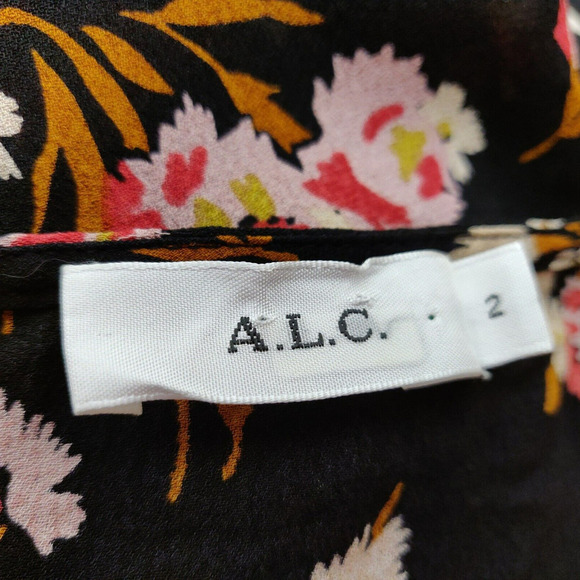 A.L.C. Carla Floral Print Wrap Top Size 2 Black Pink 100% Silk Crepe Blouse - Picture 12 of 15